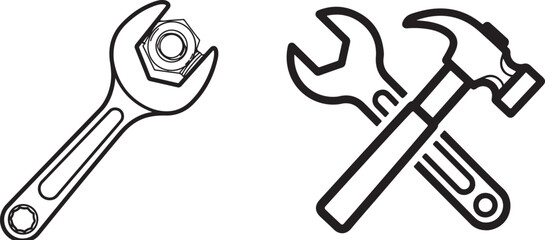 Simple Line Art Tools: Wrench, Nut, and Crossed Hammer Icons