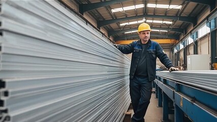 Industrial worker in hard hat inspecting a large stack of metal sheets in a factory warehouse - Powered by Adobe