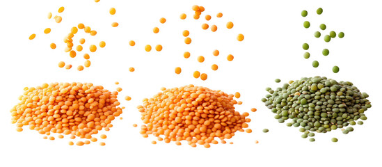 Three piles of lentils and scattered lentils isolated on transparent background