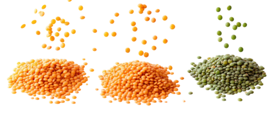 Three piles of lentils and scattered lentils isolated on transparent background
