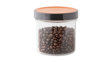 A clear plastic container filled with coffee beans and a lid on a black background for storage use