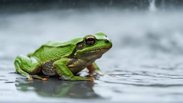 Close-up of a vibrant green tree frog sitting calmly in shallow water, reflecting its surroundings.