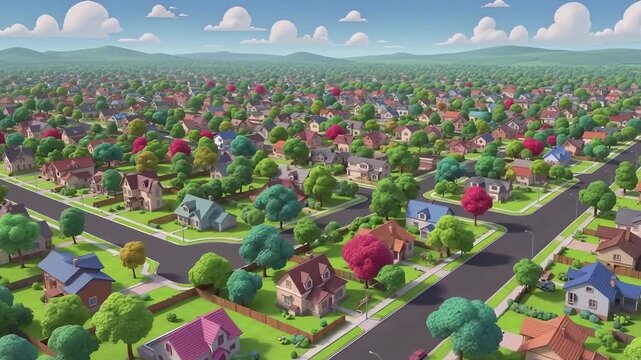 Expansive suburban neighborhood with rows of houses and trees under a bright blue sky with scattered clouds