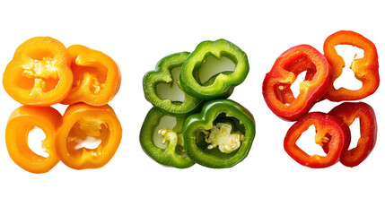 Three piles of sliced bell peppers orange green and red isolated on transparent background