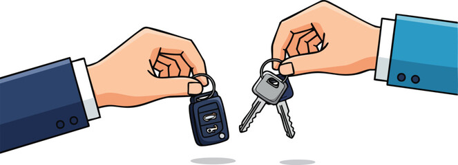 Two Hands Exchange Car Keys In A Transaction With One Hand Holding A Remote Key Fob And Other Holding A Keyring With Keys And A Fob Against White Background With Subtle Shadow