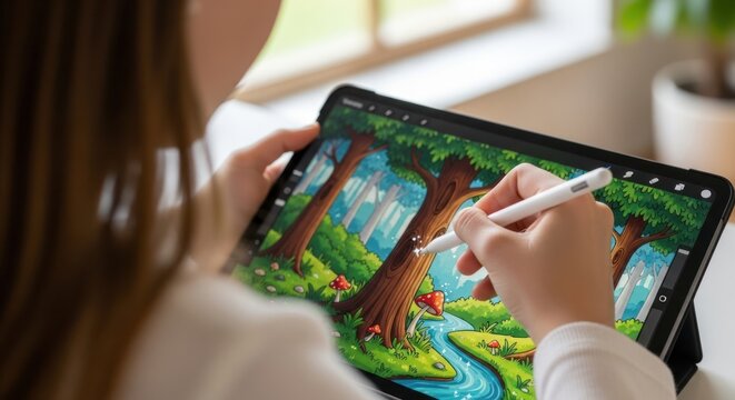 Digital artist creates vibrant fantasy landscape using tablet and stylus, enhancing creativity and - Powered by Adobe
