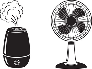Monochrome Vector Illustration of Home Humidifier with Mist and Electric Fan