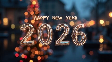 Festive New Year 2026 Celebration with Bokeh Lights and Christmas Tree