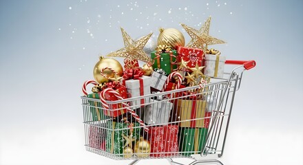 A shopping cart overflowing with Christmas gifts, ornaments, candy canes, and golden stars against a light blue background with sparkling effects.