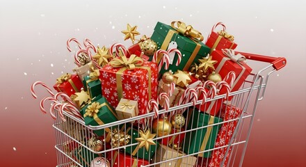 Shopping cart filled with colorful Christmas presents and candy canes on a red and white gradient background.