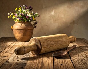 Fototapeta premium Rustic Wooden Rolling Pin and Wildflower Bouquet Still Life