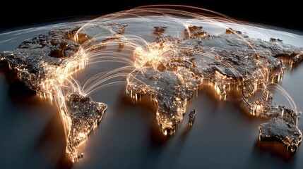 Global network connections with highlighted cities and continents, abstract world map, concept image