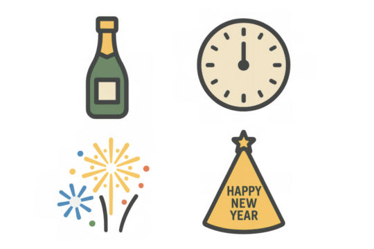 New year's eve celebration icons depicting midnight countdown, party hat, champagne, and fireworks with transparent background
