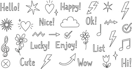 Doodle Sketch Set with Arrows, Hearts, Stars, Cloud, Flower, Music Notes and Handwritten Texts
