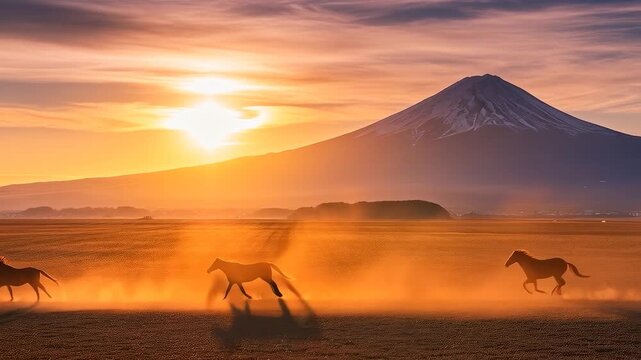 2026年年賀状・富士山の日の出と馬