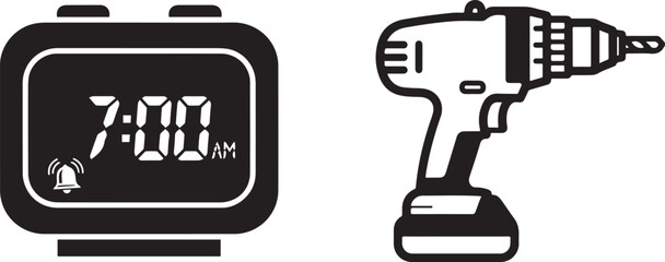 Monochrome Vector Illustration of Digital Alarm Clock and Cordless Drill