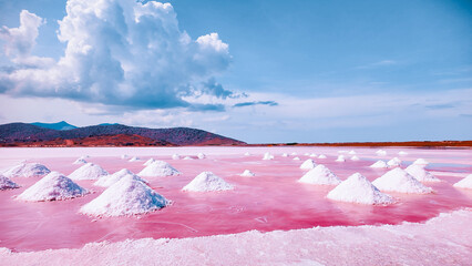 Landscape of traditional pink salt farm with reflection ponds at tropical coast