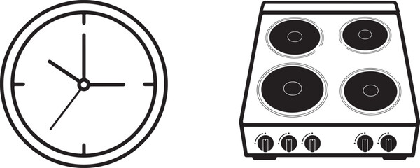 Simple Black and White Icons of Clock and Electric Stovetop