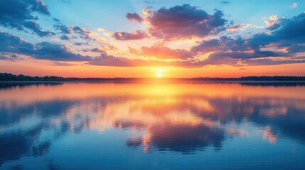 Serene Sunset Reflection on Calm Lake