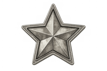 Metal star badge with vintage texture representing military achievement, success, and recognition on a transparent background