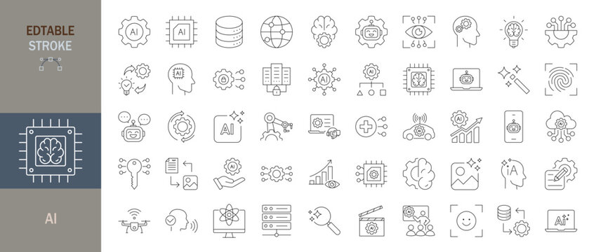 Artificial intelligence icon set. Editable line icons. Vector illustration.