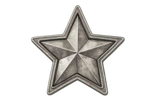 Metal star badge with vintage texture representing military achievement, success, and recognition on a transparent background