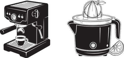 Monochrome Vector Illustration of Espresso Machine and Citrus Juicer