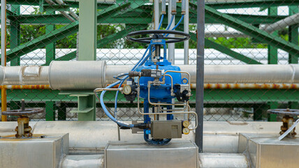 A pneumatic control valve operates pipeline flow through air pressure and remote monitoring systems,