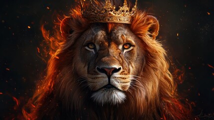 Naklejka premium Fiery Lion King, crowned, majestic, royalty, in flames