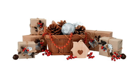 gift handmade with berries and Christmas tree branches. Christmas.isolated on transparent,png. Delivery.