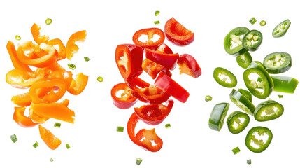 Three colorful piles of sliced chili peppers isolated on transparent background