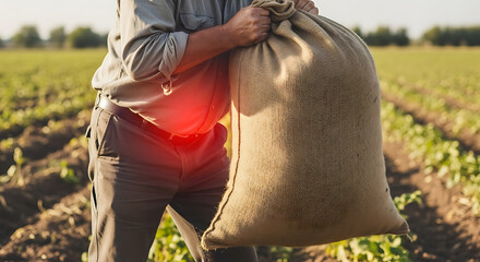 Man with back pain from lifting heavy sack in an agricultural field, highlighting injury