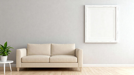 Minimalist living room with beige sofa, white frame, and potted plant on side table