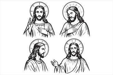 Four depictions of jesus christ with halos in black and white style