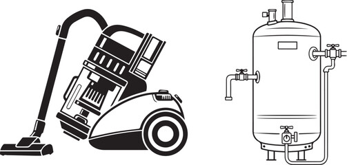 Monochromatic Vector Icons of a Vacuum Cleaner and an Industrial Tank