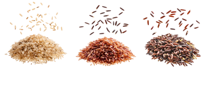 Three piles of different types of rice isolated on transparent background