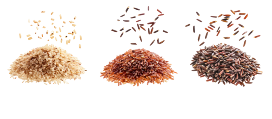 Three piles of different grains falling isolated on transparent background