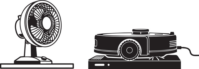 Minimalist vector icons of desk fan and robotic floor cleaner