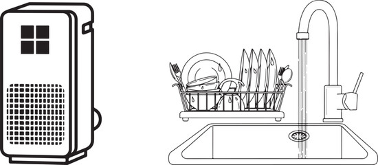 Stylized Line Drawing of Kitchen Sink Area and Air Purifier Unit