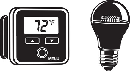 Modern Black and White Vector Illustration of Smart Thermostat and LED Bulb