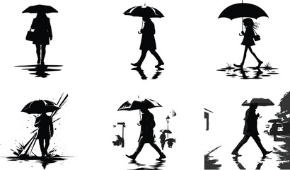 Woman walking with umbrella in rain silhouette vector illustration showing rainy day reflection, fashion style, solitude, and urban weather art.