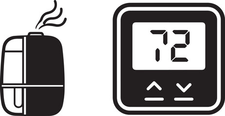 Minimalist Black and White Icons: Humidifier and Digital Thermostat