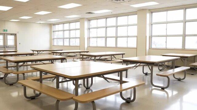 Empty School Cafeteria Lunchroom with Tables and Benches.