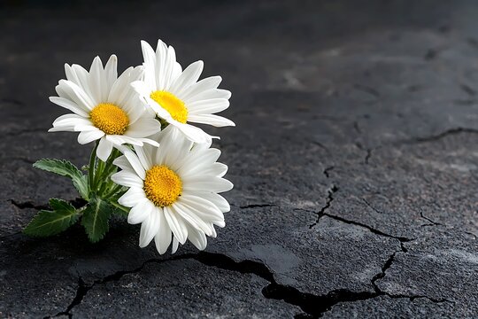 White Daisies on Cracked Stone Surface with Dark Background and Natural Light Effects