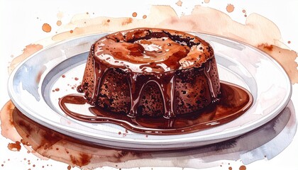Exquisite Watercolor Illustration of a Molten Chocolate Fondant Dessert on a Plate, with Rich Sauce Oozing Out from the Center