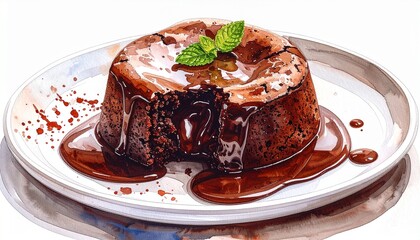 Exquisite Watercolor Illustration of a Molten Chocolate Fondant Dessert on a Plate, with Rich Sauce Oozing Out from the Center
