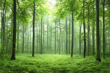 Fototapeta premium Lush Green Forest with Sunlight Filtering Through Tall Trees and Misty Atmosphere
