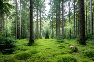 Obraz premium Lush Green Forest with Tall Trees and Soft Mossy Ground in Nature's Tranquil Setting