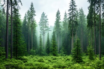 Fototapeta premium Lush Green Forest with Tall Pine Trees and Misty Fog in Tranquil Nature Scene