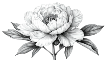 Detailed monochrome peony flower with leaves in full bloom